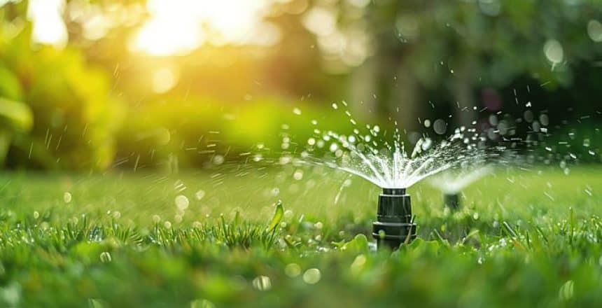 Automatic Lawn Sprinklers Watering Over Green Grass In The Garden Background, Garden, Sprinkler, Irrigation Background Image And Wallpaper for Free Download